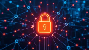 Digital security concept: glowing padlock icon surrounded by interconnected network nodes and data streams, dark blue technology background, cybersecurity visualization without text or interface elements