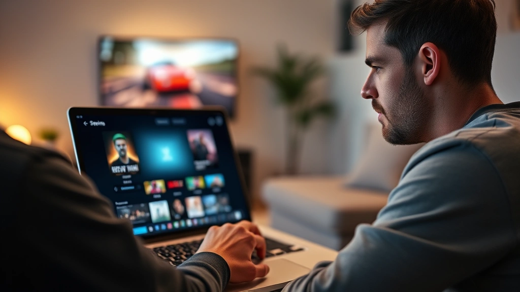 Person using laptop with streaming service interface glowing on screen, comfortable home entertainment setup, warm lighting, modern living room background, focused user expression
