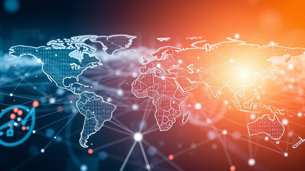 Abstract representation of global internet infrastructure with interconnected nodes, server locations, and data flow patterns, digital network visualization, technology landscape imagery