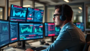 Professional cybersecurity analyst reviewing threat detection dashboard on multiple monitors in modern office, blue and red warning indicators visible, focused expression studying data patterns