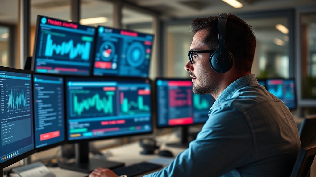 Professional cybersecurity analyst reviewing threat detection dashboard on multiple monitors in modern office, blue and red warning indicators visible, focused expression studying data patterns