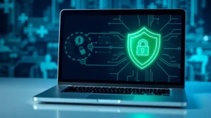Digital security concept showing a laptop screen with a padlock icon and glowing shield protection symbol in blue and green tones, representing cybersecurity and safe browsing online