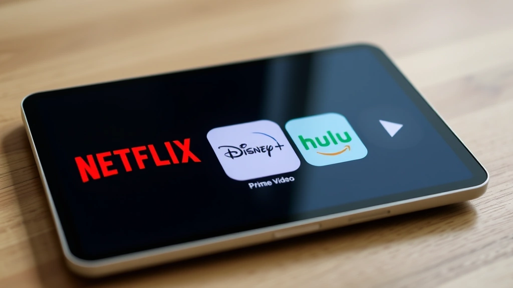 Modern streaming service interface aesthetic with multiple subscription app logos displayed on a tablet device, showing Netflix, Disney+, Hulu, and Prime Video in contemporary design