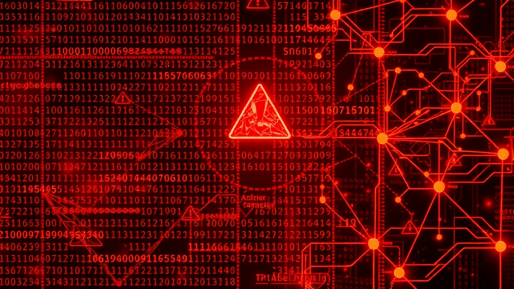 Cybersecurity threat visualization depicting binary code, warning symbols, and digital network nodes in red and orange tones, representing malware and cyber threats without any visible text or interface elements