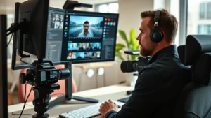Professional filmmaker reviewing content on multiple monitor setup with streaming interface displayed, modern office environment, natural lighting, focused expression analyzing film metadata and ratings