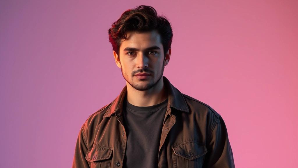 Professional male actor in 1980s-style casual wear, charismatic expression, studio portrait lighting, vibrant color grading, cinematic photography style, confident pose, entertainment industry aesthetic, no text visible