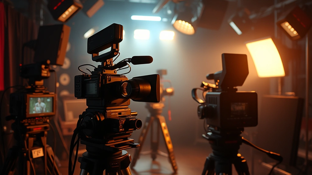 Film set atmosphere with camera equipment and professional filmmaking setup, vintage 1980s cinema technology, dramatic lighting, creative production environment, behind-the-scenes cinema aesthetic, no visible screens or interface text