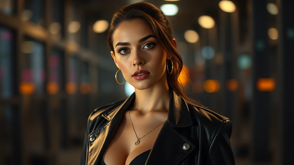 Professional female performer in sleek contemporary urban fashion, dramatic lighting emphasizing confident expression, modern film production aesthetic with cinematic depth of field, no text or logos visible