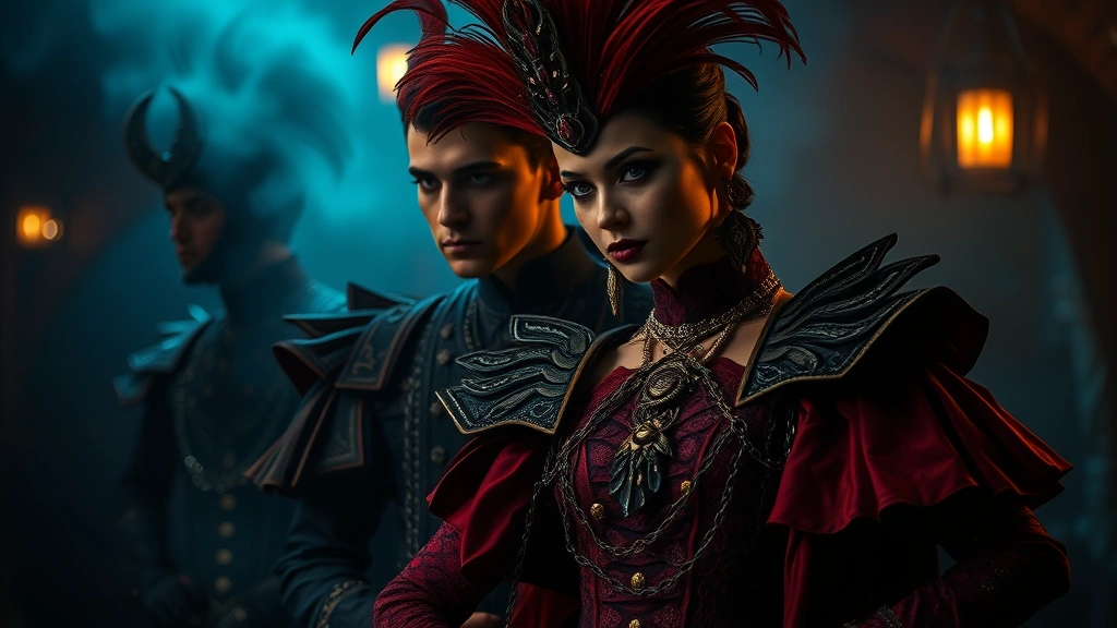 Moody atmospheric scene featuring stylized costume design with elaborate details, dramatic color grading in jewel tones, professional photography studio setting, cinematic composition highlighting visual storytelling elements