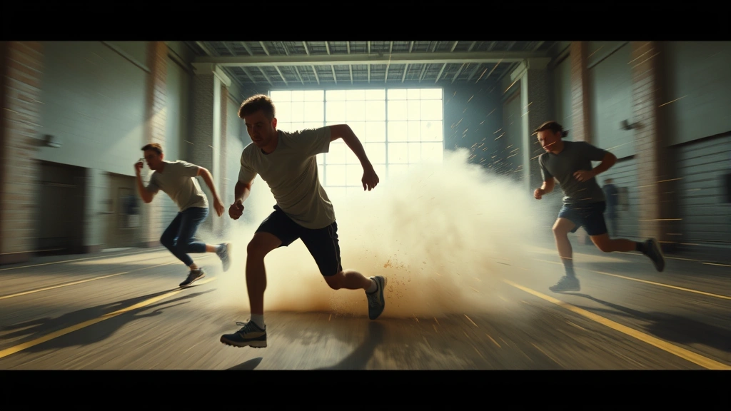 Dynamic action sequence composition showing athletic movement and kinetic energy, modern cinematography with professional color grading, contemporary film production quality, emphasis on movement and physical presence without visible text