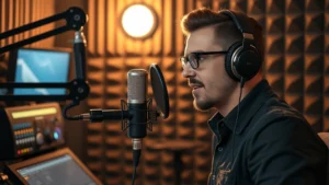 Professional voice actor recording in soundproof studio booth with microphone and headphones, warm lighting, focused expression, modern recording equipment visible