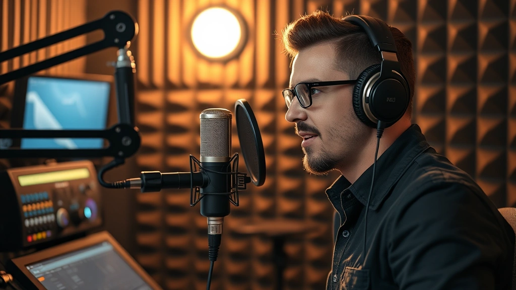 Professional voice actor recording in soundproof studio booth with microphone and headphones, warm lighting, focused expression, modern recording equipment visible