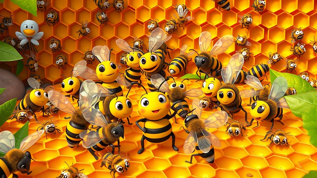 Diverse group of animated bee characters in detailed hive environment, vibrant colors, hexagonal structures, naturalistic bee colony setting without any text or interface elements