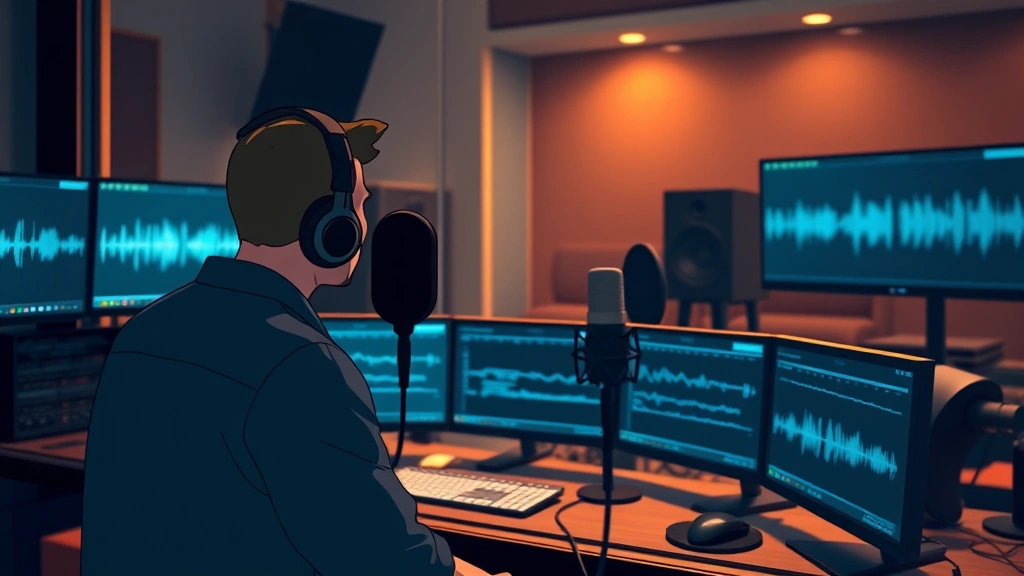 Animation director reviewing voice recording session through glass window, multiple monitors displaying waveforms, professional studio atmosphere with warm professional lighting