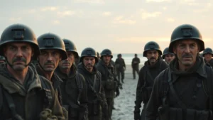 Cinematic still of multiple military personnel in wartime equipment standing on a beach at dawn, faces showing determination and exhaustion, natural lighting, photorealistic, no text or interfaces visible