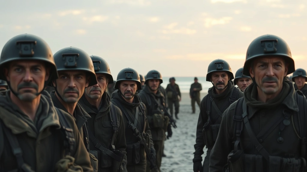 Cinematic still of multiple military personnel in wartime equipment standing on a beach at dawn, faces showing determination and exhaustion, natural lighting, photorealistic, no text or interfaces visible