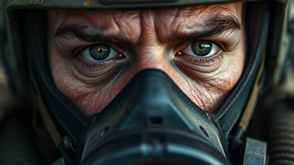 Close-up portrait of an actor's eyes visible above oxygen mask during intense concentration, dramatic natural lighting highlighting facial tension, photorealistic wartime setting, no visible text