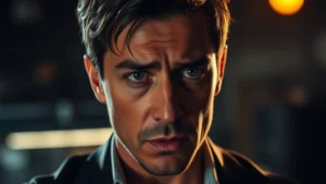 Professional actor in dramatic scene, intense emotional expression, modern film lighting, close-up portrait style, contemporary drama aesthetic, photorealistic quality