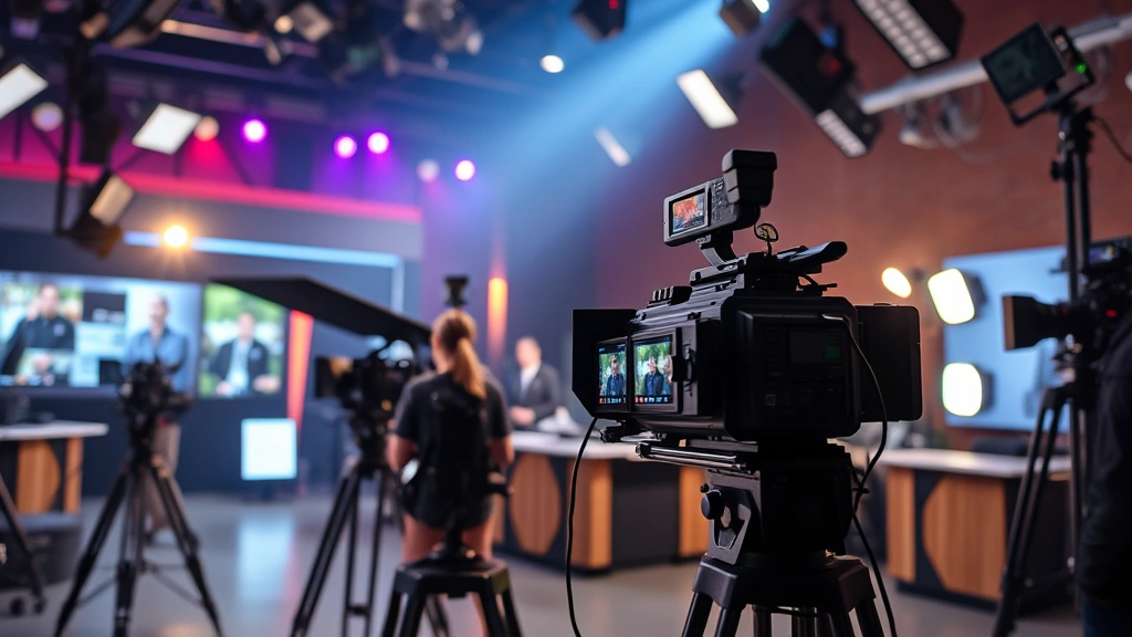 Television production set environment, professional camera equipment and lighting rigs, behind-the-scenes atmosphere, modern broadcast studio setting, photorealistic cinematography