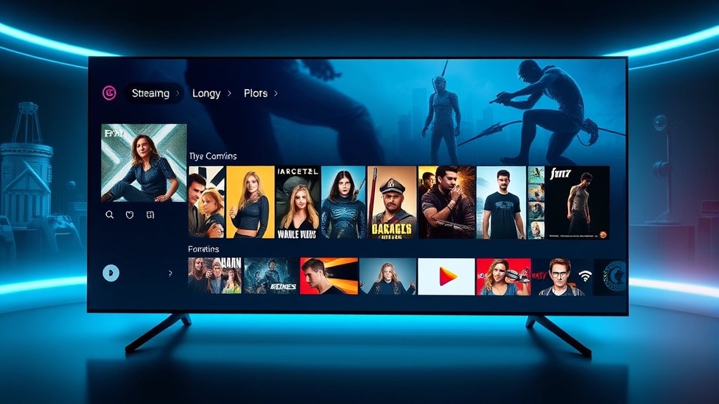 Streaming platform interface showing diverse content library, digital media landscape, modern entertainment consumption environment, contemporary digital interface aesthetic, photorealistic visual style
