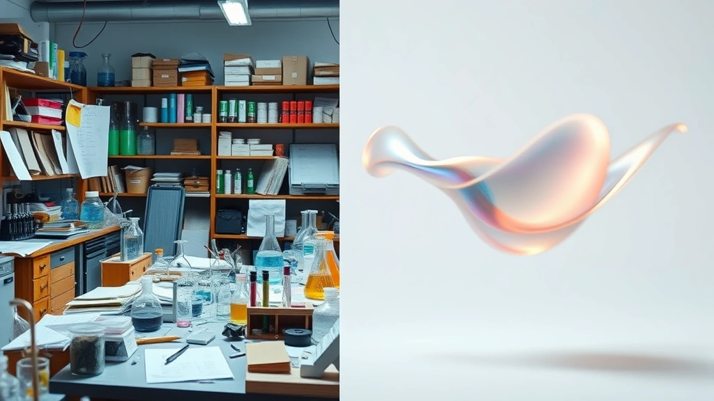Split-screen composition: left side shows a cluttered, chaotic laboratory filled with beakers, scattered papers, and experimental equipment; right side shows a bouncing rubber-like substance defying gravity in mid-air, creating dynamic motion blur and glowing effects against a clean white background