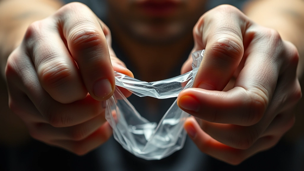 Close-up of hands attempting to contain an impossible, translucent elastic substance that's slipping through fingers with visible tension and struggle, photographed with shallow depth of field and dramatic lighting emphasizing the material's unusual properties and the human effort required