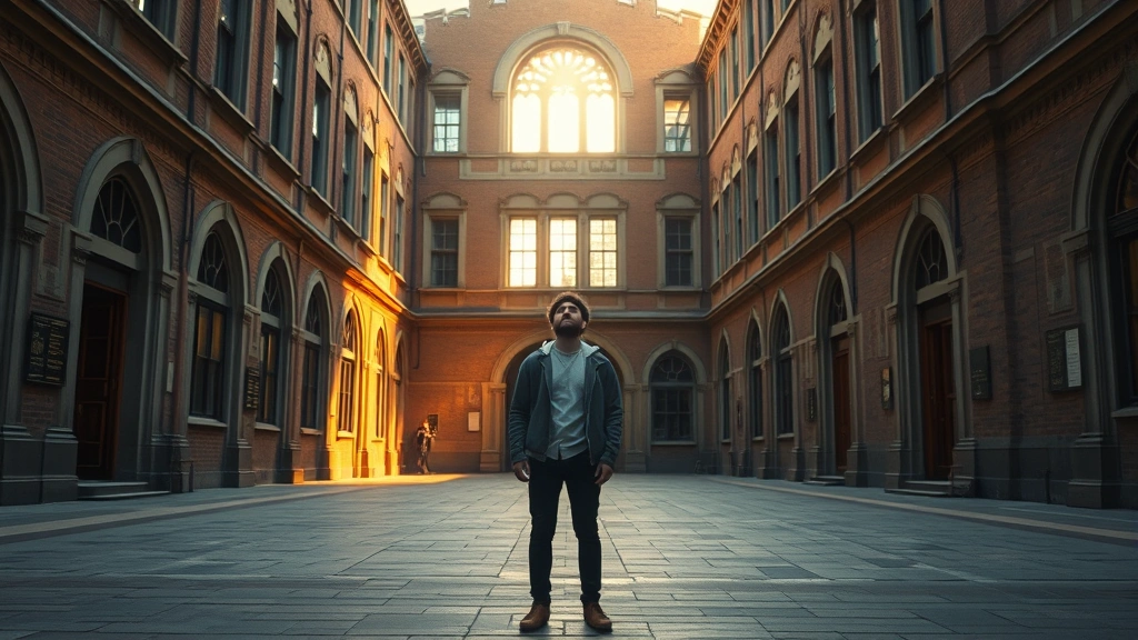 Wide shot of a college campus setting with vintage architecture, showing a figure standing alone in an open courtyard looking upward with expression of wonder and discovery, soft golden hour lighting creating atmospheric mood suggesting innovation and breakthrough moments