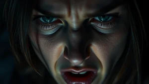 Close-up of a woman's face expressing intense psychological anguish and emotional turmoil, dramatic lighting emphasizing facial features, dark moody atmosphere, cinematic quality, photorealistic portrait of deep emotional distress