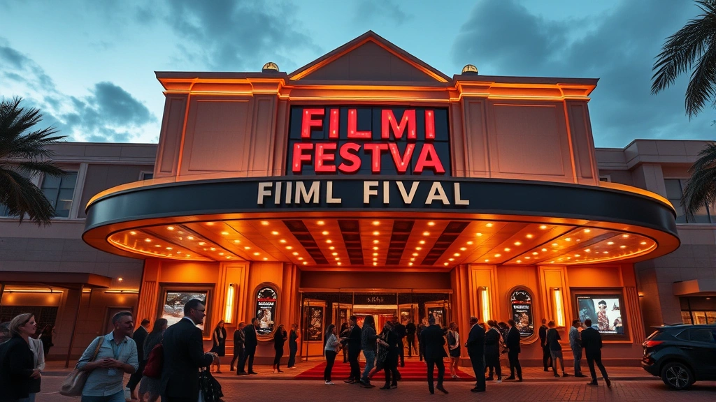 Film festival venue with elegant modern architecture, cinema marquee lights, evening atmosphere, people in formal attire discussing films, sophisticated cultural venue ambiance, photorealistic architectural photography
