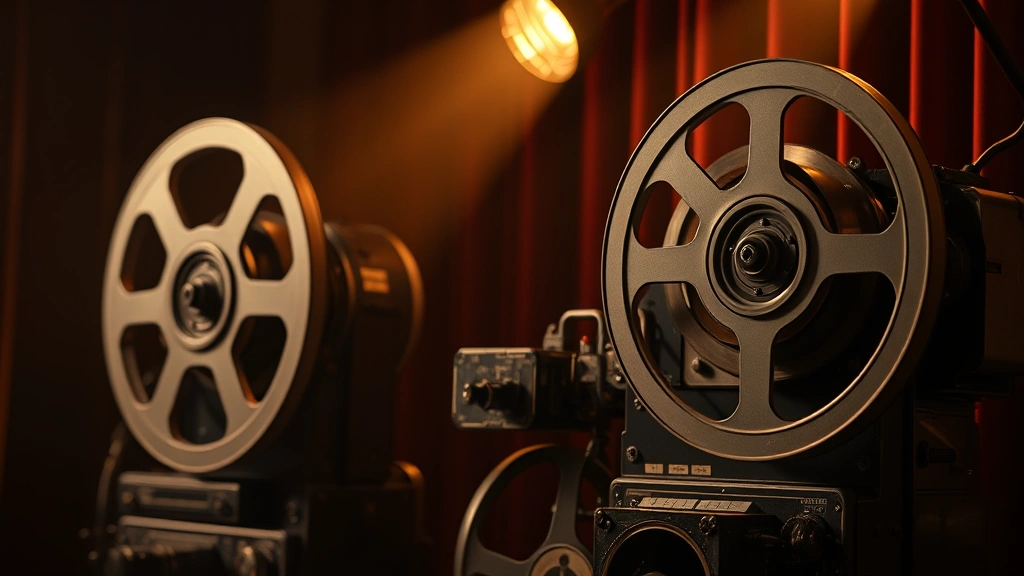 Vintage film reel and projection equipment in dim lighting, classic cinema technology, nostalgic filmmaking atmosphere, warm theatrical lighting, detailed mechanical film equipment, photorealistic vintage cinema imagery