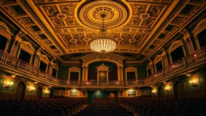 Historic theater interior with ornate ceiling details, vintage light fixtures, and rows of period seating, warm theatrical lighting illuminating architectural elements, photorealistic heritage venue ambiance