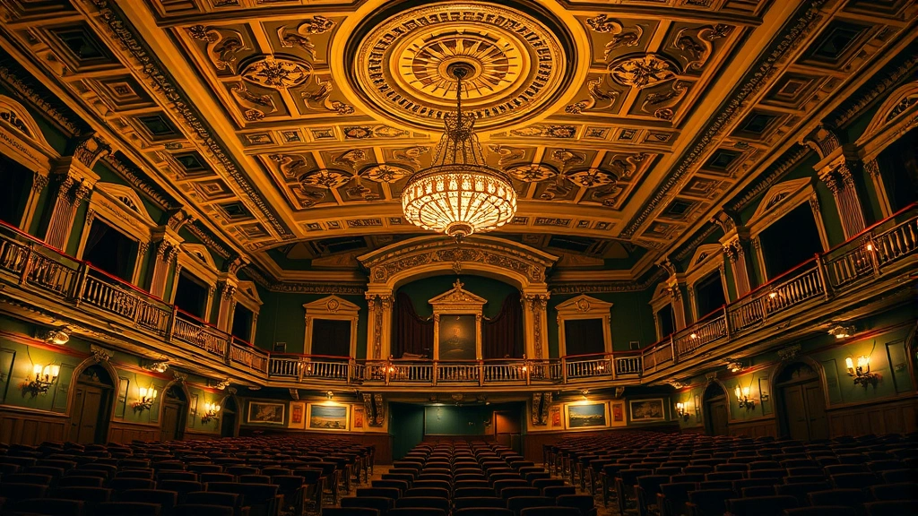 Historic theater interior with ornate ceiling details, vintage light fixtures, and rows of period seating, warm theatrical lighting illuminating architectural elements, photorealistic heritage venue ambiance