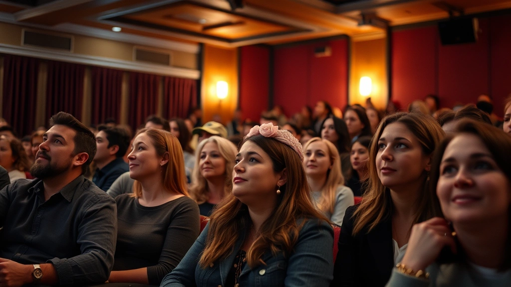 Diverse audience members of various ages enjoying film screening in restored theater, social gathering atmosphere, warm overhead lighting, engaged expressions, community entertainment experience