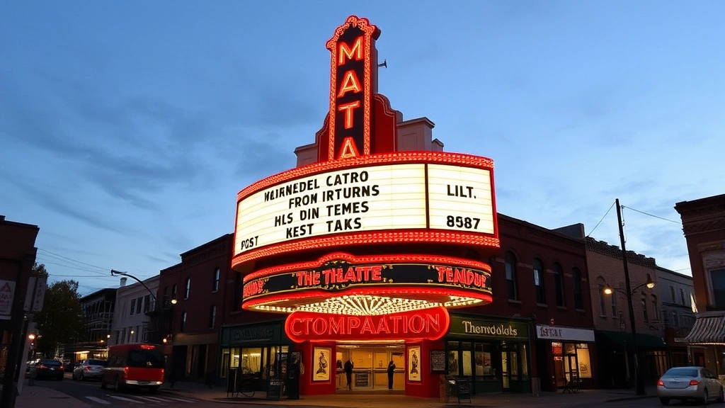 Theater marquee at dusk with illuminated signage and local street activity, neighborhood buildings, evening streetlights, bustling community district, cultural venue prominence in urban landscape