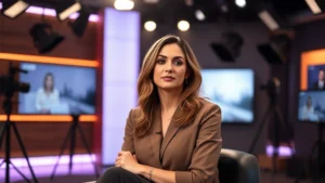 Professional actress in contemporary television studio with soft cinematic lighting, seated in thoughtful pose, modern production environment, subtle emotional expression, digital media backdrop without visible screens or text