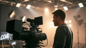 Cinematographer with professional camera equipment in modern film studio, dramatic lighting, cinema technology, no text or screens visible