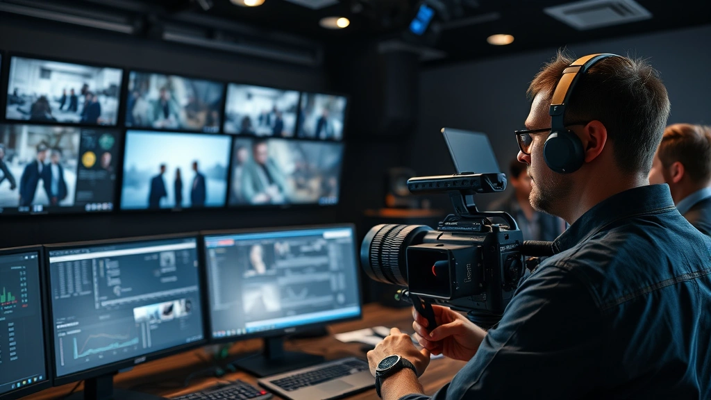 Professional film director reviewing cinematography on advanced monitors in production control room with technical crew collaborating, no visible text