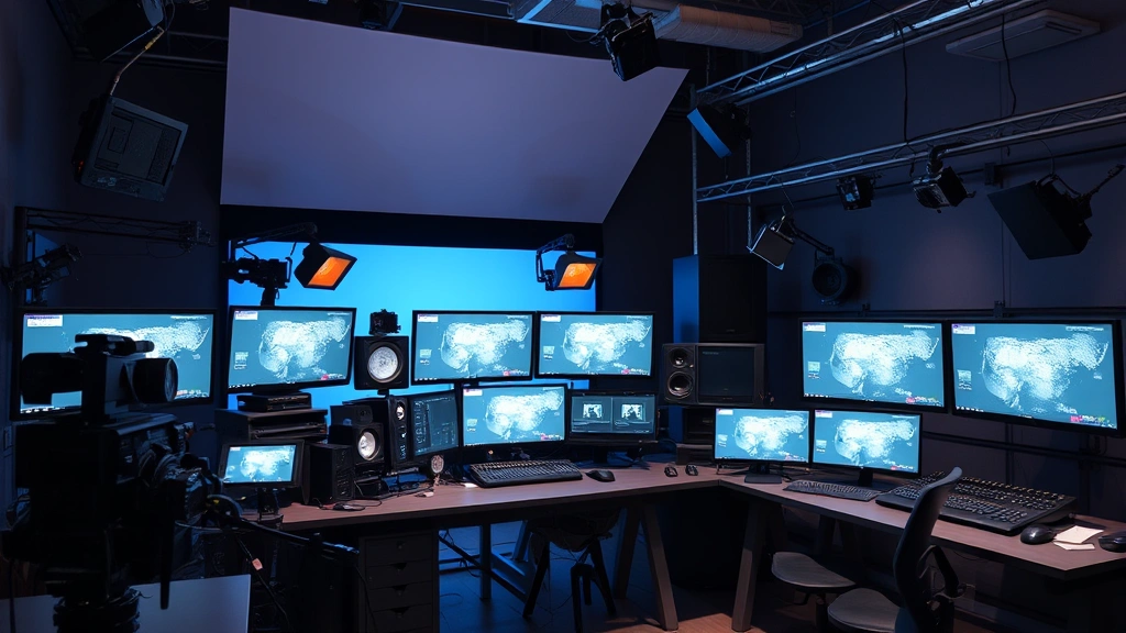 State-of-the-art film production equipment and visual effects workstation showing collaborative filmmaking environment, no screens with readable text
