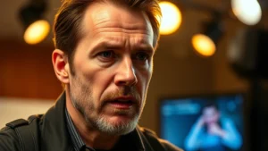 Professional actor in dramatic scene, intense facial expression conveying emotional complexity, modern television production lighting, contemporary clothing, serious tone