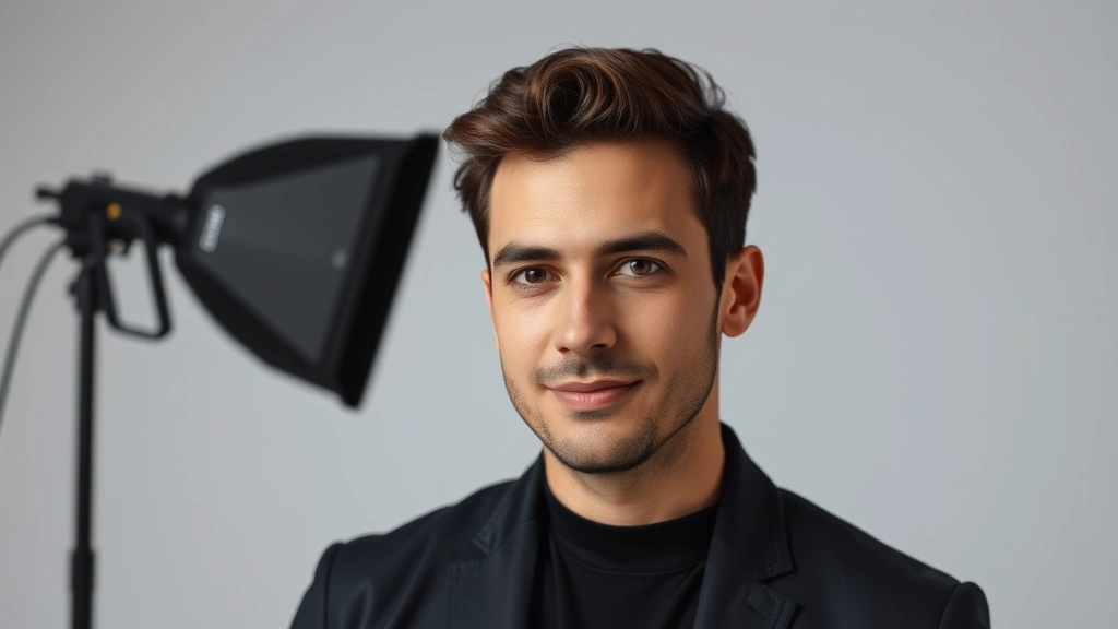 Actor in professional headshot style, confident demeanor, studio lighting setup, neutral background, contemporary fashion, professional photography aesthetic