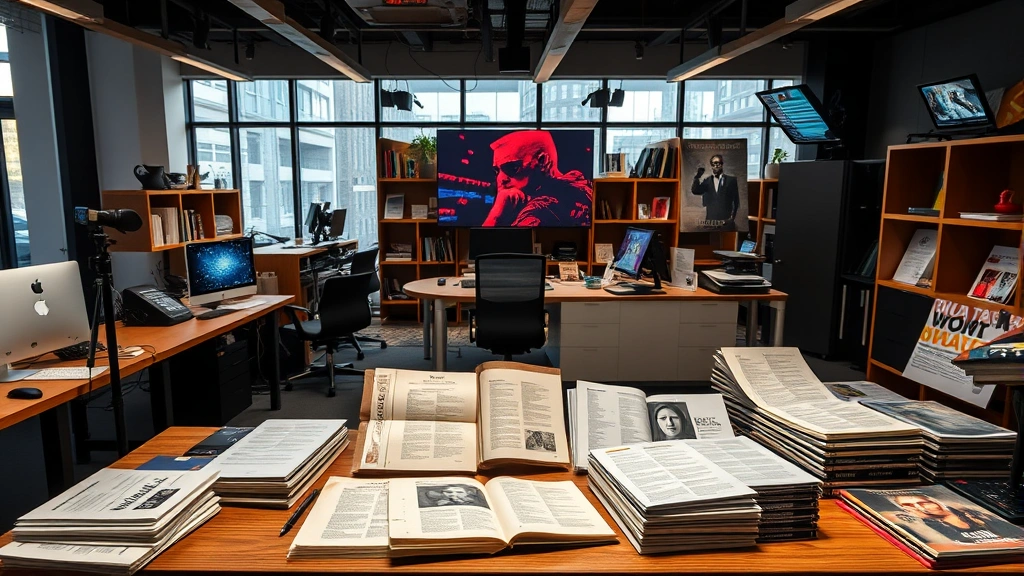 Entertainment industry workspace showing scripts and production materials, creative environment, modern office setting, professional atmosphere, no people visible