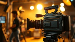 Vintage film camera on movie set with dramatic lighting and bokeh background, professional cinematography equipment, warm golden hour lighting, shallow depth of field, photorealistic cinema production environment