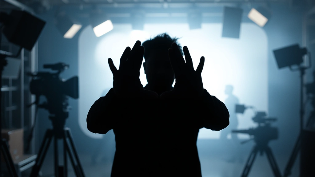 Silhouette of director framing shot through hands in frame composition gesture, movie set with dramatic shadows and lighting rigs, professional filmmaking environment, cinematic depth and atmosphere, creative directorial moment