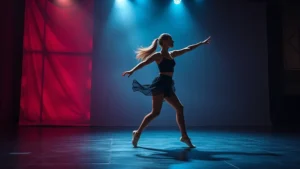 Dynamic dance performance scene showing professional female dancer in motion with studio lighting and reflective surfaces, capturing movement and artistic expression without visible text or interfaces
