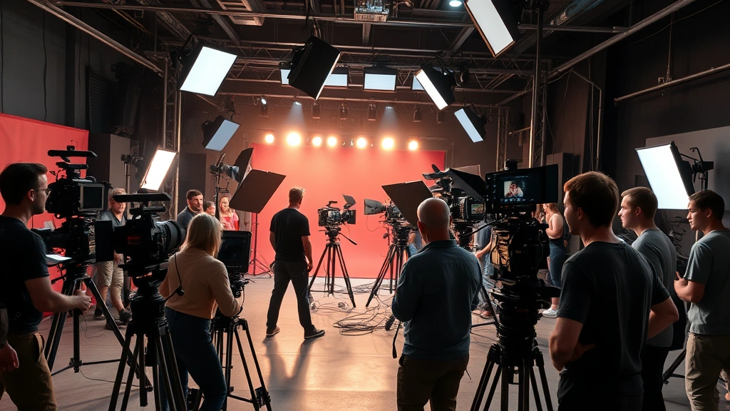 Professional film set environment with camera equipment, lighting rigs, and crew members working on production, showcasing cinematic technical elements and collaborative filmmaking atmosphere