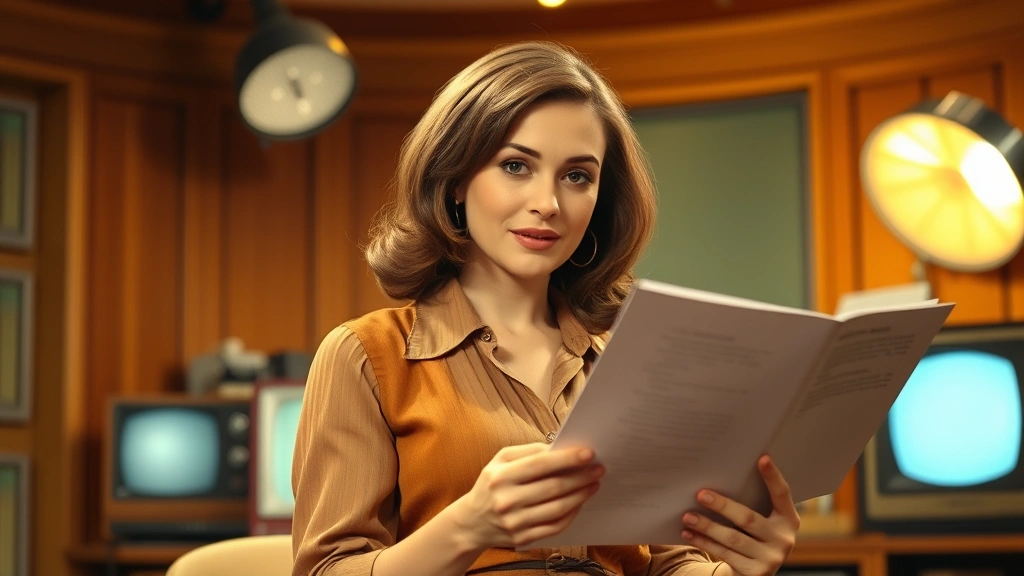 Professional female actress in 1980s television studio setting, warm lighting, authentic period costume from classic sitcom era, confident pose during script reading, nostalgic entertainment production environment, photorealistic cinematography
