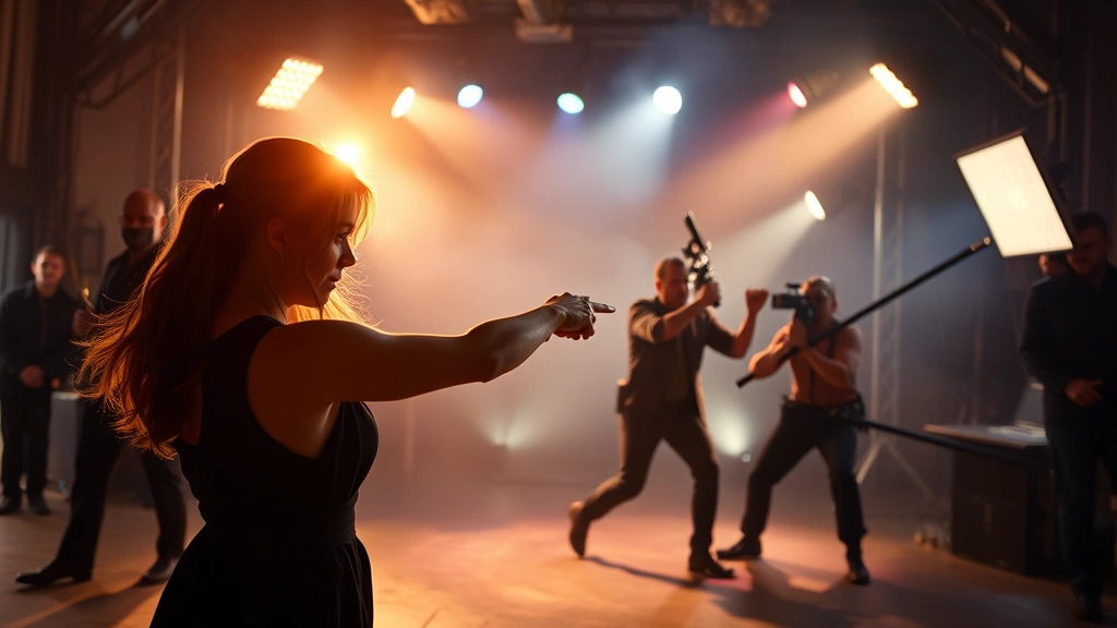 Actress performing dramatic action sequence in modern television production, supernatural lighting effects with mystical ambiance, professional stunt coordination captured mid-movement, contemporary drama series aesthetic, cinematic quality production values