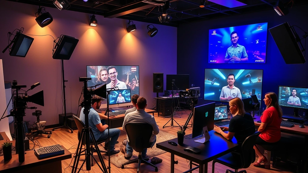 Contemporary entertainment industry workspace, streaming production facility with modern equipment, diverse creative team collaborating on digital content, professional media creation environment, modern entertainment production technology and setup