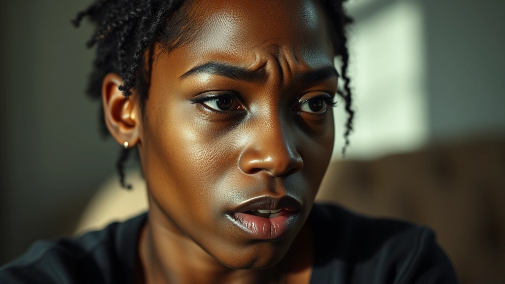 Young Black female actor performing intense emotional scene in contemporary drama film, natural lighting, close-up shot capturing authentic facial expression and vulnerability, professional cinema photography