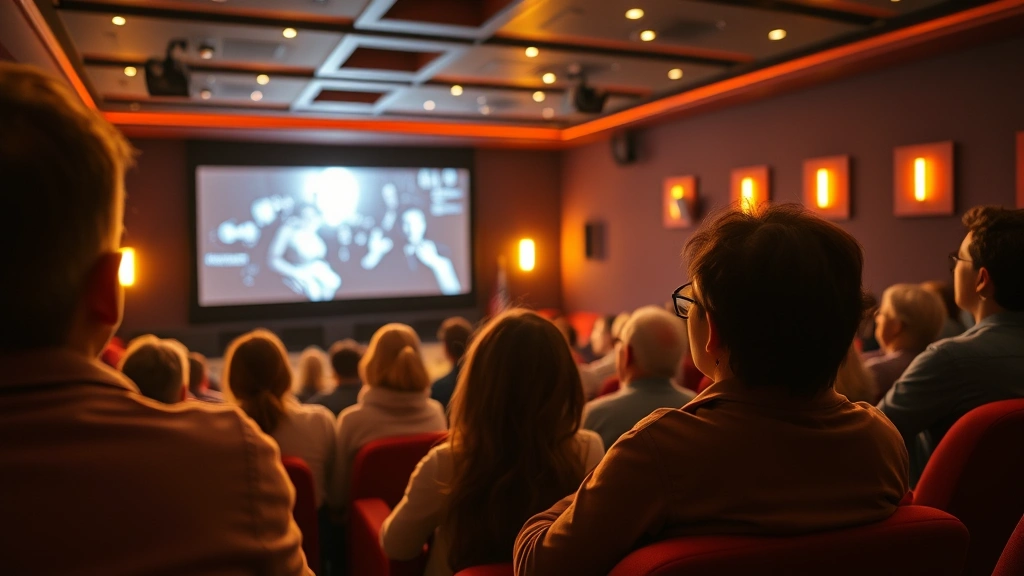 Contemporary movie theater interior with diverse audience members engaged with screen, warm ambient lighting, multiple generations watching film together, cinematic storytelling moment captured
